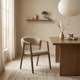 Japandi dining chair sand bouclé Kyo - walnut frame - with armrests