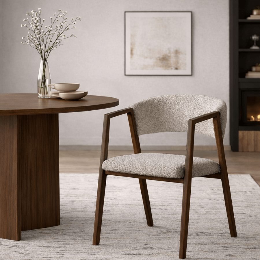 Japandi dining chair sand bouclé Kyo - walnut frame - with armrests