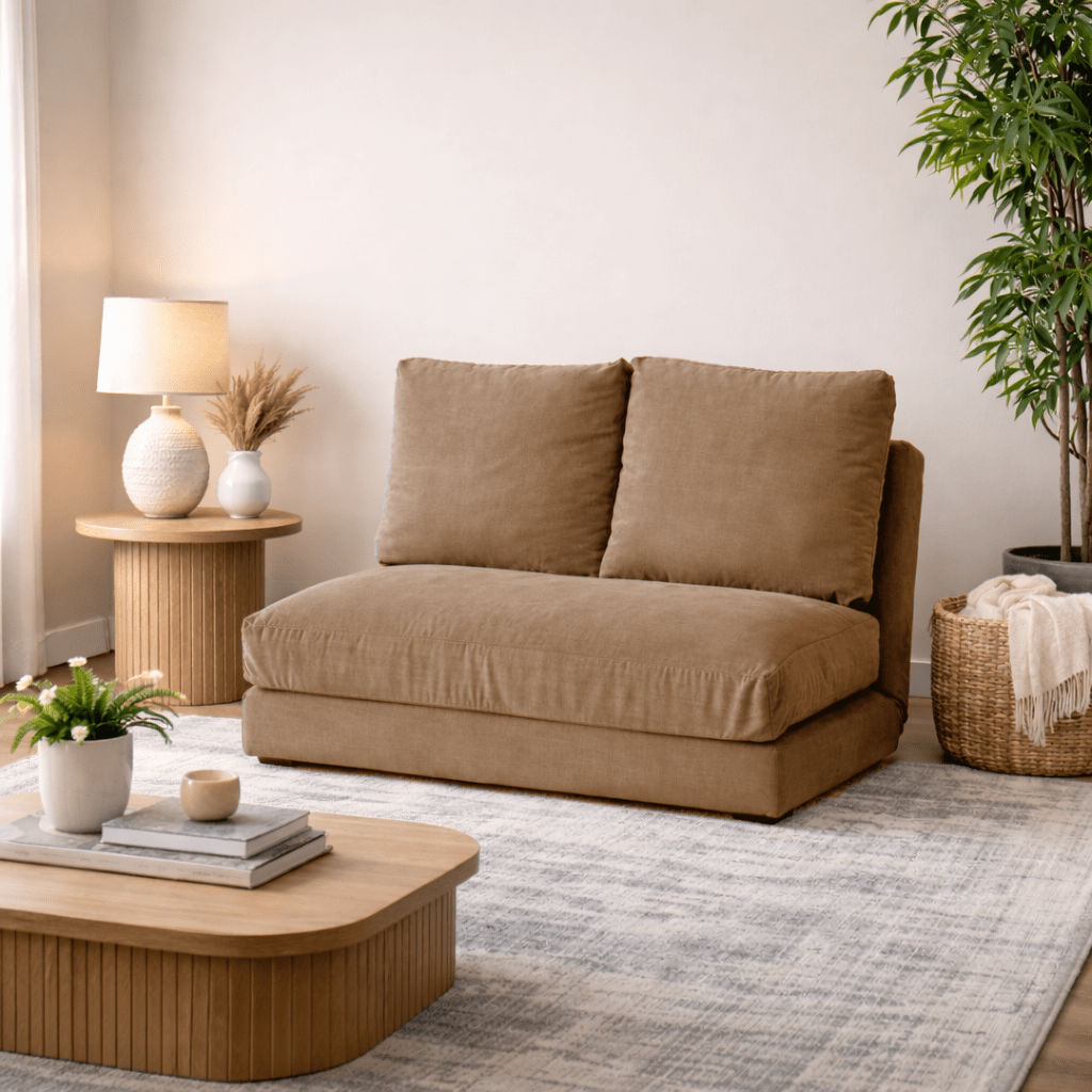 Sofa bed Japandi camel brown fabric 2-seater - low back and adjustable - Taida