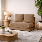 Sofa bed Japandi camel brown fabric 2-seater - low back and adjustable - Taida