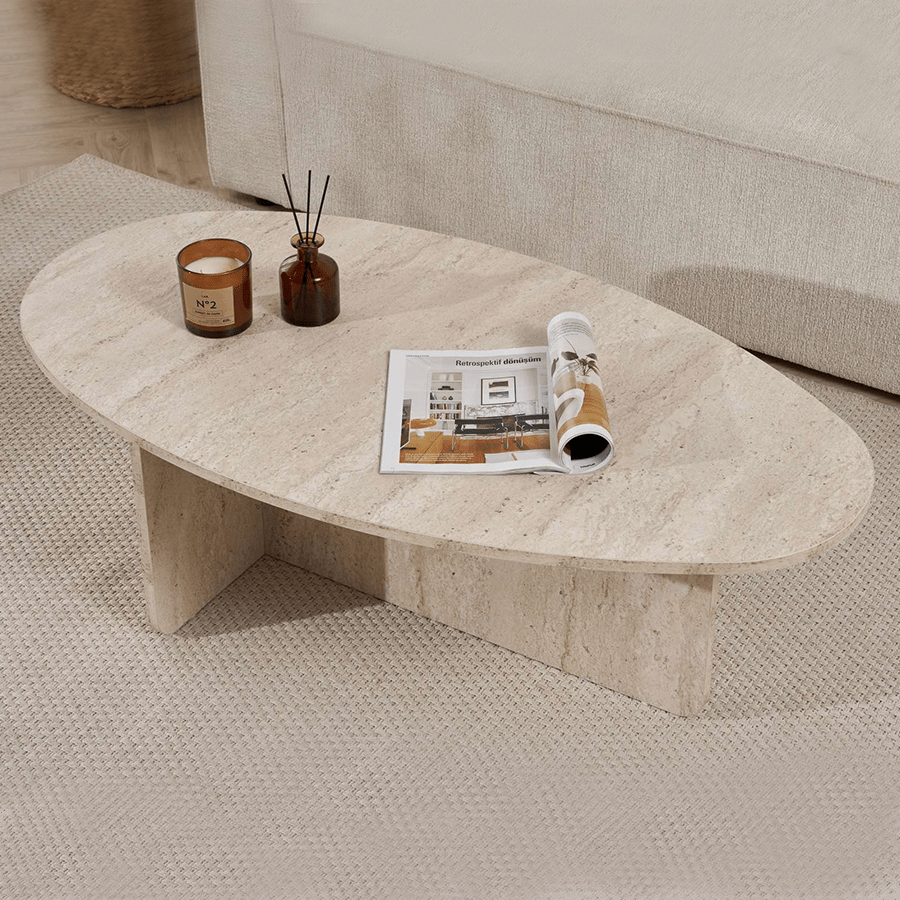Salontafels - Kiezelvormige salontafel Travertin Japandi - 120 x 60 cm - Baro - Dimehouse