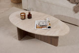 Organic pebble-shaped coffee table with a travertine-look top and walnut melamine base. Japandi design of 120x60cm.