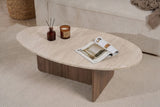 Organic pebble-shaped coffee table with a travertine-look top and walnut melamine base. Japandi design of 120x60cm.