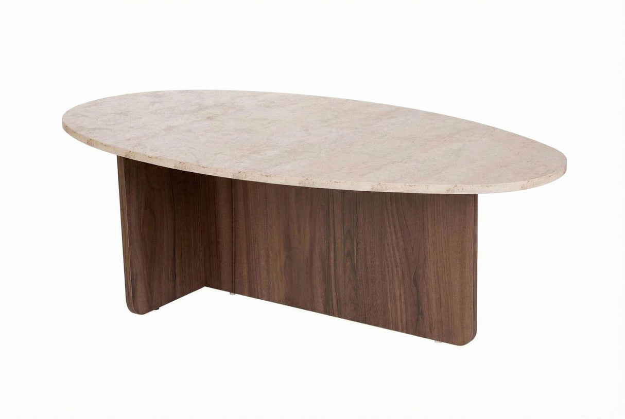 White photo pebble-shaped coffee table with a travertine-look top and walnut melamine base. Japandi design of 120x60cm.