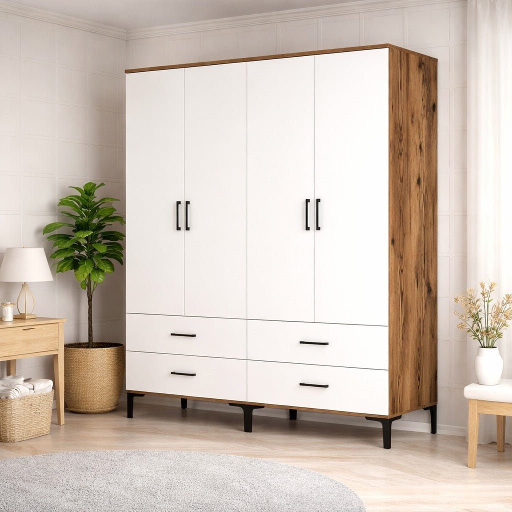 Kledingkasten - Kledingkast Walnoot en Wit Melamine - hang en leg - 160x 200 x 47 cm - Kumsal - Dimehouse