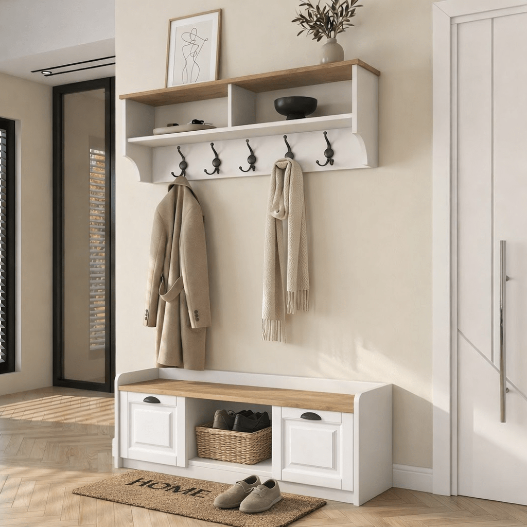 Furniture set Coat rack - Shoe cabinet - White-Walnut Melamine 