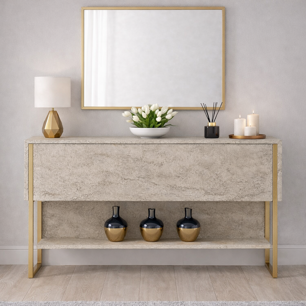 Modern Sideboard Travertine Luxury 120x80x30 - Golden Frame - One Compartment 