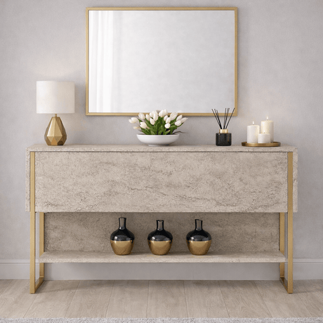 Modern Sideboard Travertine Luxury 120x80x30 - Golden Frame - One Compartment 