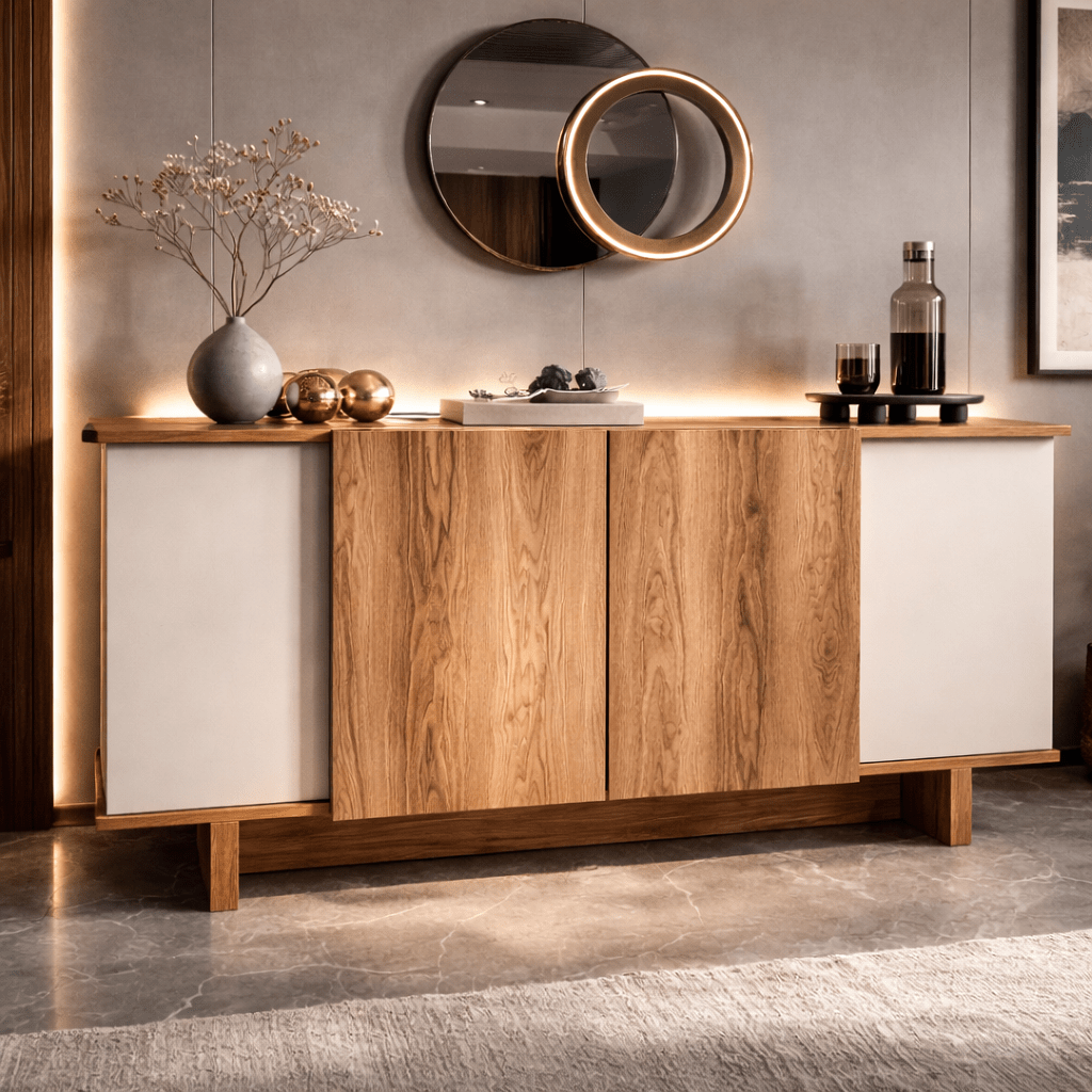 Modern Sideboard Sand–Walnut Look Melamine Diana 180 cm