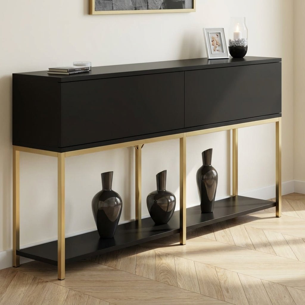 Modern Dressoir Zwart Lord 150x30x80 - Gouden Frame - Twee Vakken sfeerfoto in modern interieur