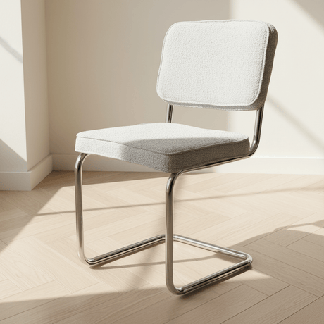 Moderne Eetkamerstoel Grijs Bouclé Stof Sway - Chrome Frame - Zonder Armleuningen