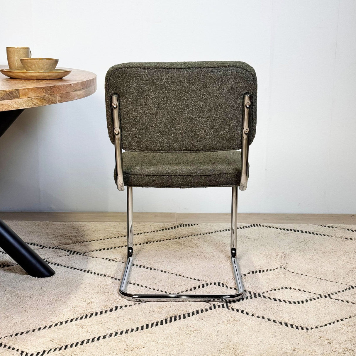 Modern Dining Chair Green Boucle Fabric Sway - Chrome Frame - Without Armrests 