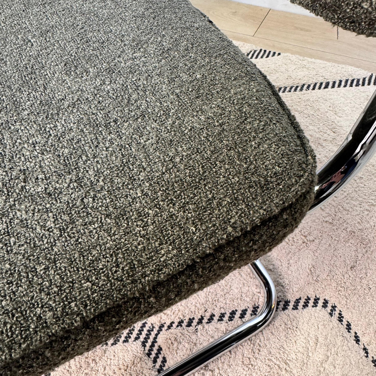 Modern Dining Chair Green Boucle Fabric Sway - Chrome Frame - Without Armrests 