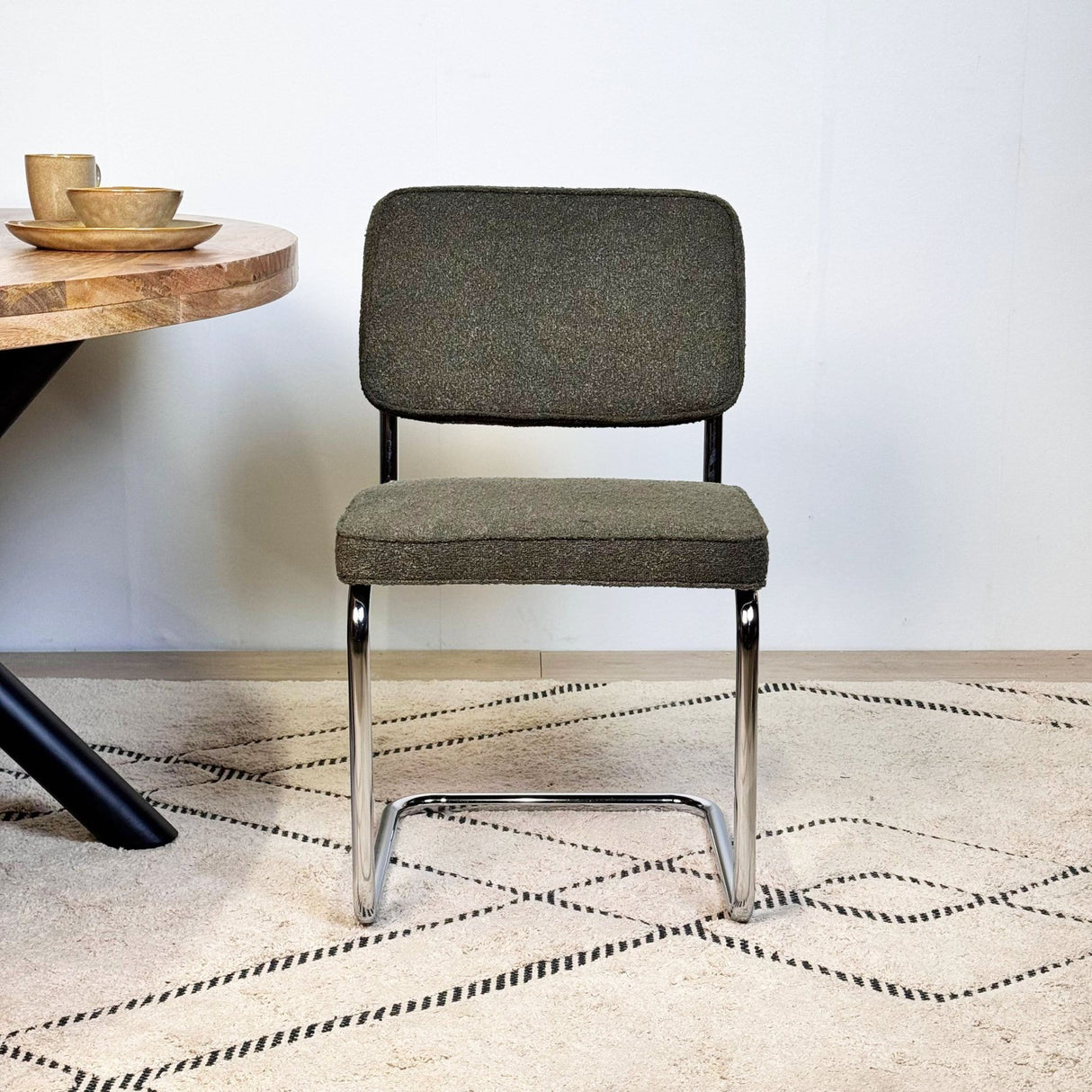 Modern Dining Chair Green Boucle Fabric Sway - Chrome Frame - Without Armrests 