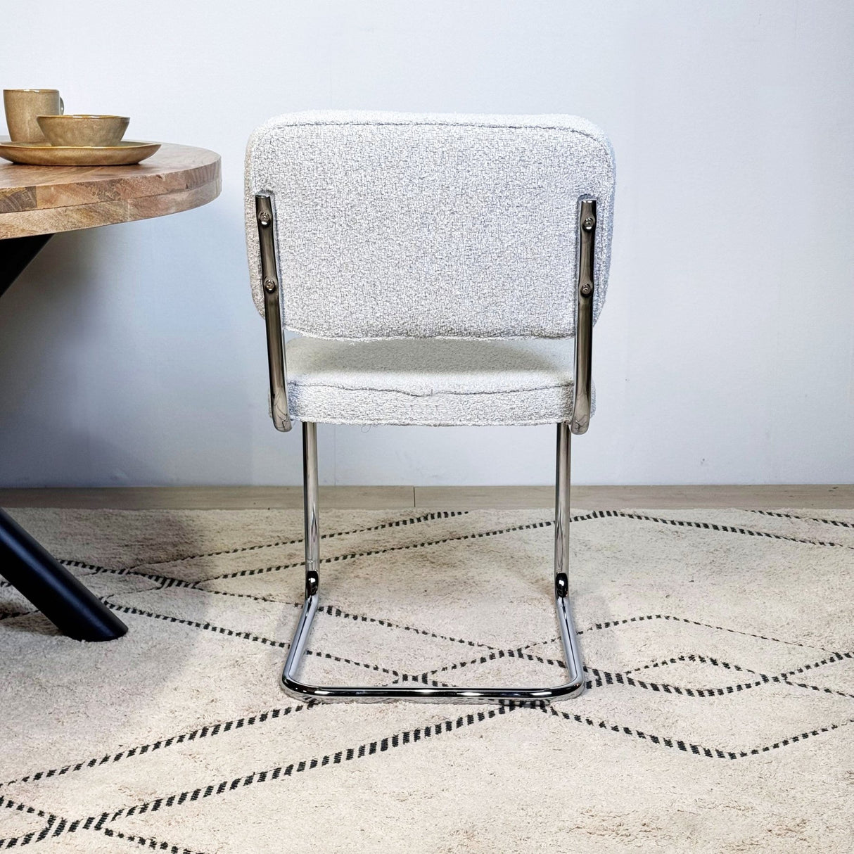 Modern Dining Chair Green Boucle Fabric Sway - Chrome Frame - Without Armrests 