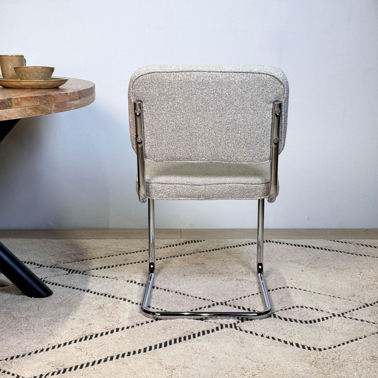 Modern Dining Chair Sand Color Bouclé Fabric Sway - Chrome Frame - Without Armrests 