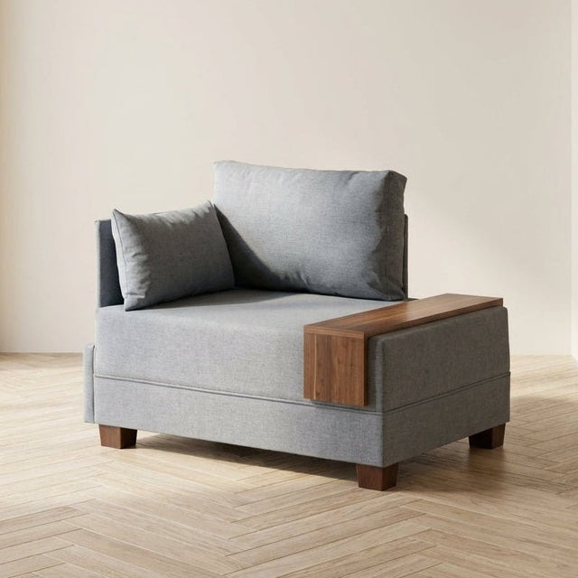 Modern Armchair Blue Fabric Fly - Left - With Wooden Table atmospheric photo in a modern interior