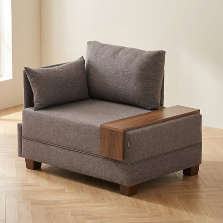 Modern Armchair Brown Fabric Fly - Left - With Wooden Table atmospheric photo in a modern interior