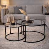 Modern Round Coffee Table Set of 2 Uru Black - Transparent Glass - 80/60 cm 