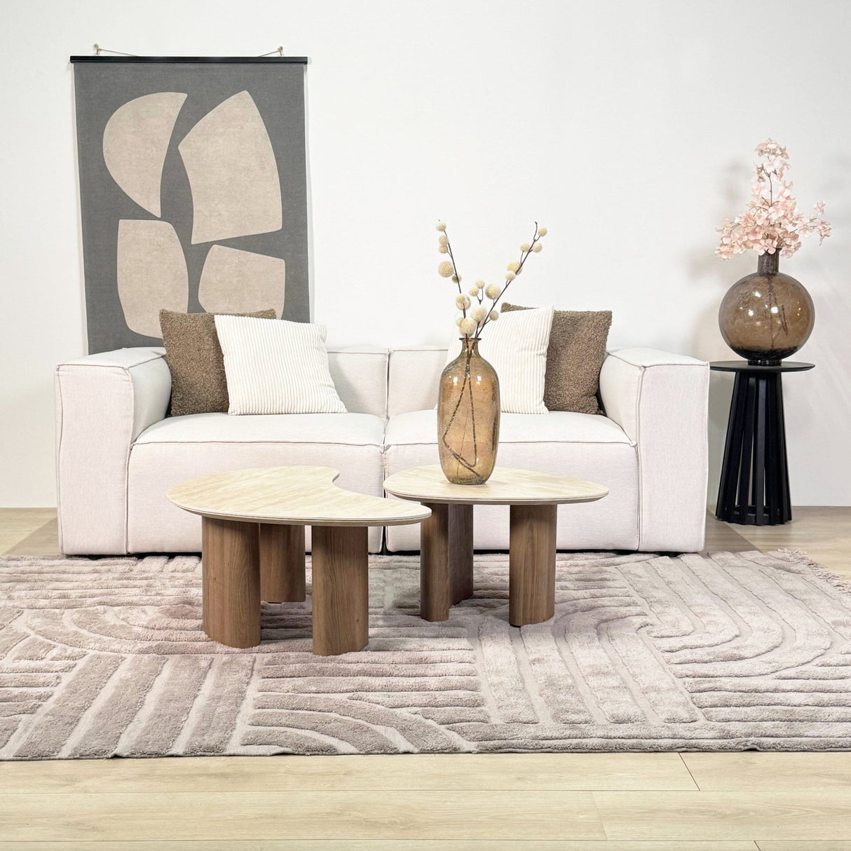 Coffee table set of 2 Jimi travertine top with walnut base 