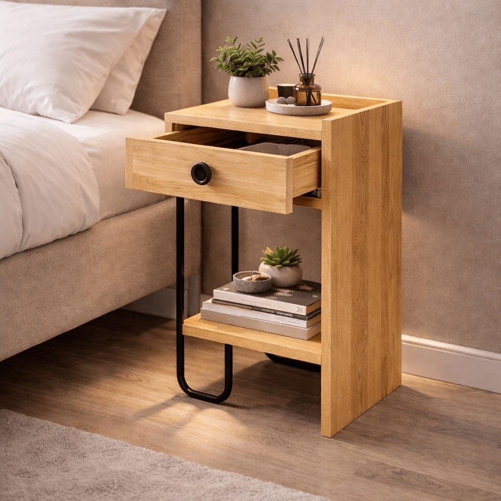 Bedside table Oak Melamine - With drawer - Right - 32x61x30 cm - Sirius