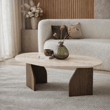 Salontafels - Organische Salontafel Japandi Walnoot met Travertin Melamine - 105x65 cm - Rack - Dimehouse