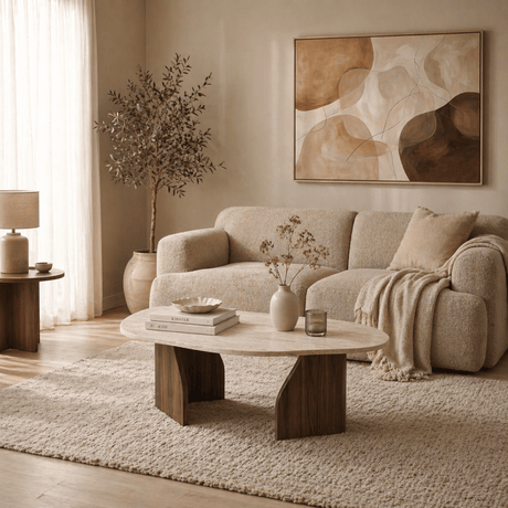 Organic Coffee Table Japandi Walnut with Travertine Melamine - 105x65 cm - Rack