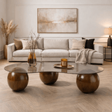 Salontafels - Organische salontafel grijs getint glas walnoot bolpoten Sphere 120x70 cm - Dimehouse