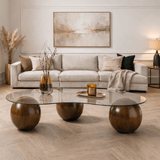 Salontafels - Organische salontafel transparant glas walnoot bolpoten Sphere 120x70 cm - Dimehouse