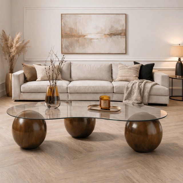 Salontafels - Organische salontafel transparant glas walnoot bolpoten Sphere 120x70 cm - Dimehouse