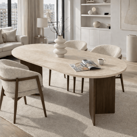 Oval dining table travertine top - walnut melamine - 180x89.5x75 cm - Sota