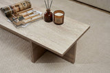 Modern rectangular coffee table with travertine top and walnut melamine base. Dimensions: 120 x 45 x 30 cm.