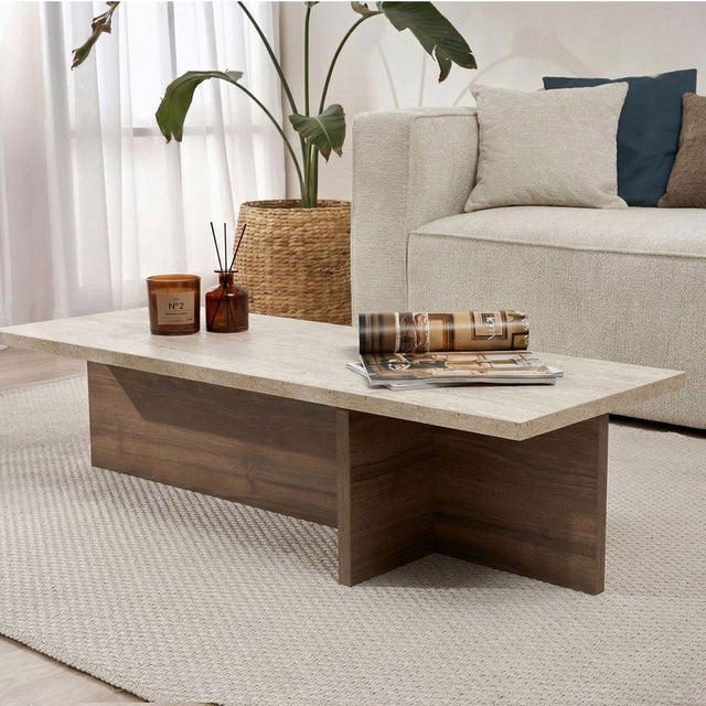 Modern rectangular coffee table with travertine top and walnut melamine base. Dimensions: 120 x 45 x 30 cm.