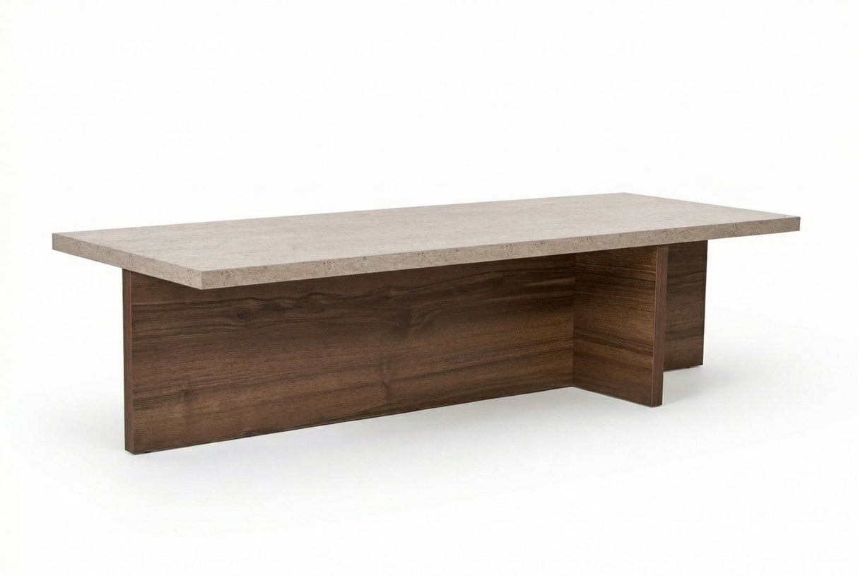 white photo of rectangular coffee table travertine look table top with walnut look frame