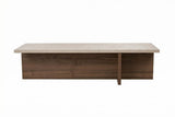 white photo of rectangular coffee table travertine look table top with walnut look frame