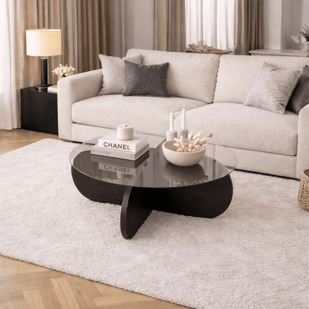 Round coffee table Aris black melamine and transparent glass 75 cm