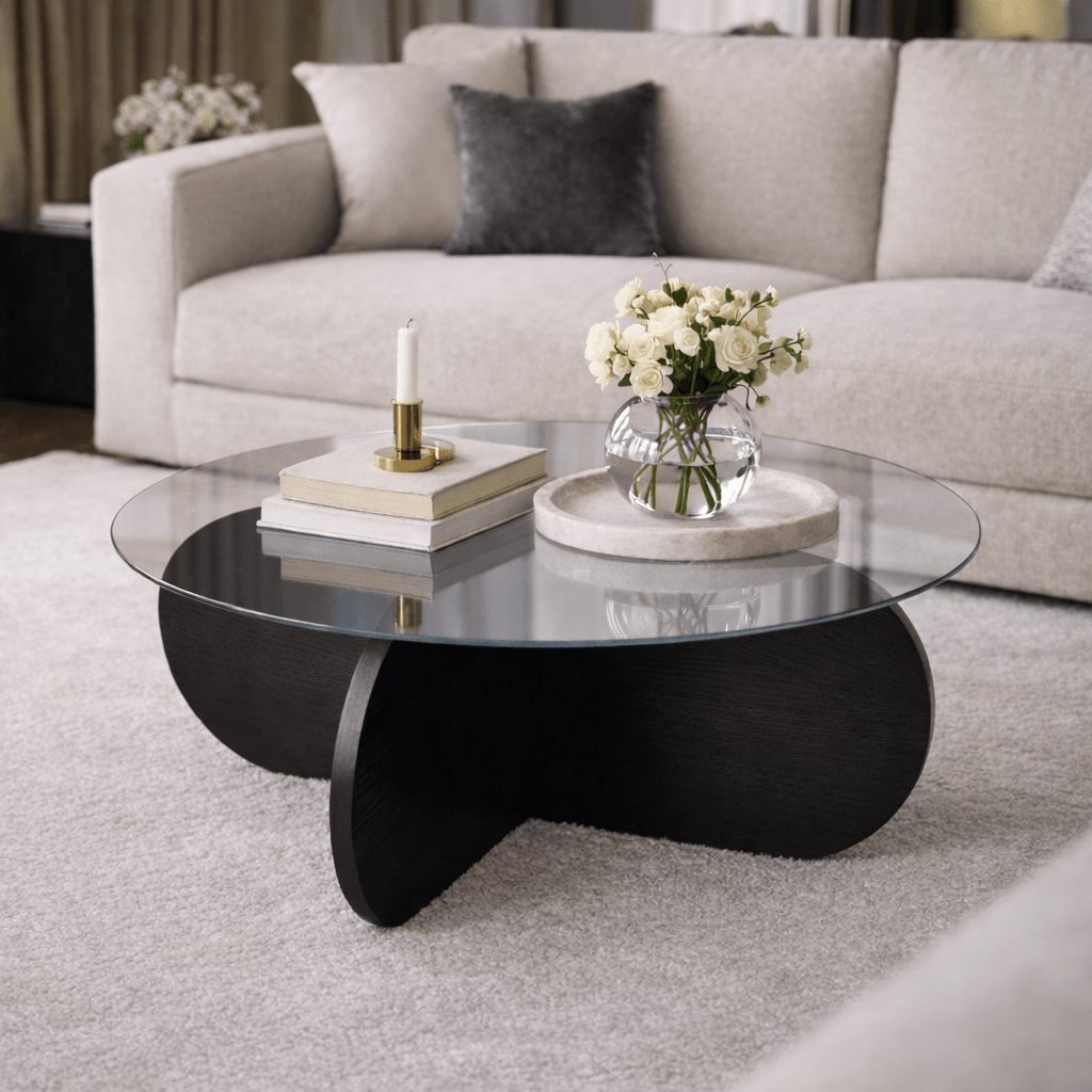 Round coffee table Aris black melamine and transparent glass 75 cm