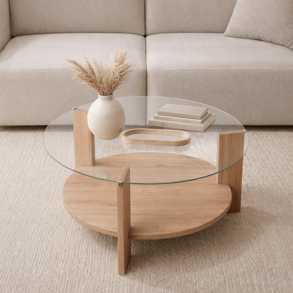 Round coffee table oak melamine transparent glass Ø75 cm - Cairo