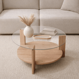 Round coffee table oak melamine transparent glass Ø75 cm - Cairo