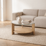 Round coffee table oak melamine transparent glass Ø75 cm - Cairo