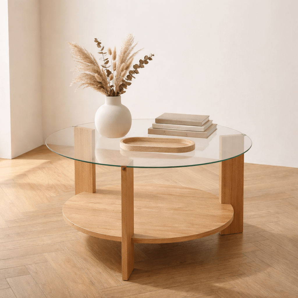 Round coffee table oak melamine transparent glass Ø75 cm - Cairo