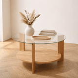 Round coffee table oak melamine transparent glass Ø75 cm - Cairo