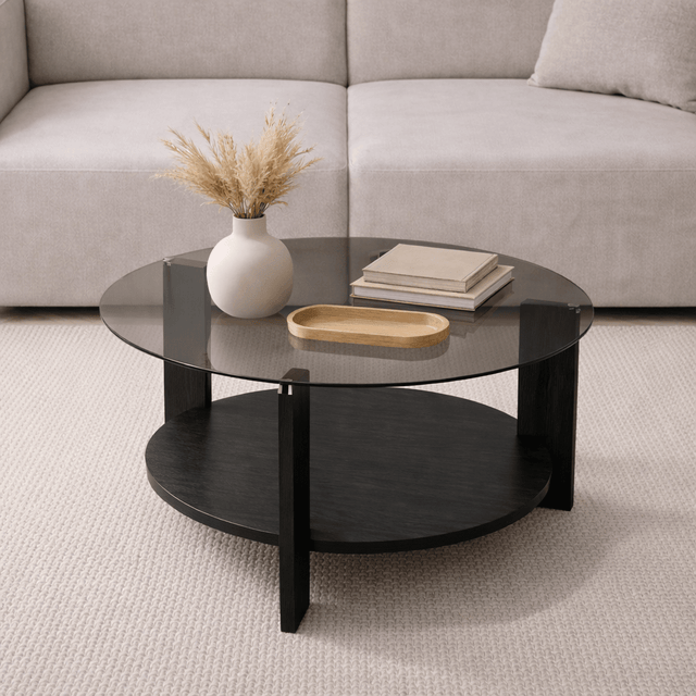 Salontafels - Ronde salontafel zwart melamine rookglas Ø75 cm - Cairo - Dimehouse