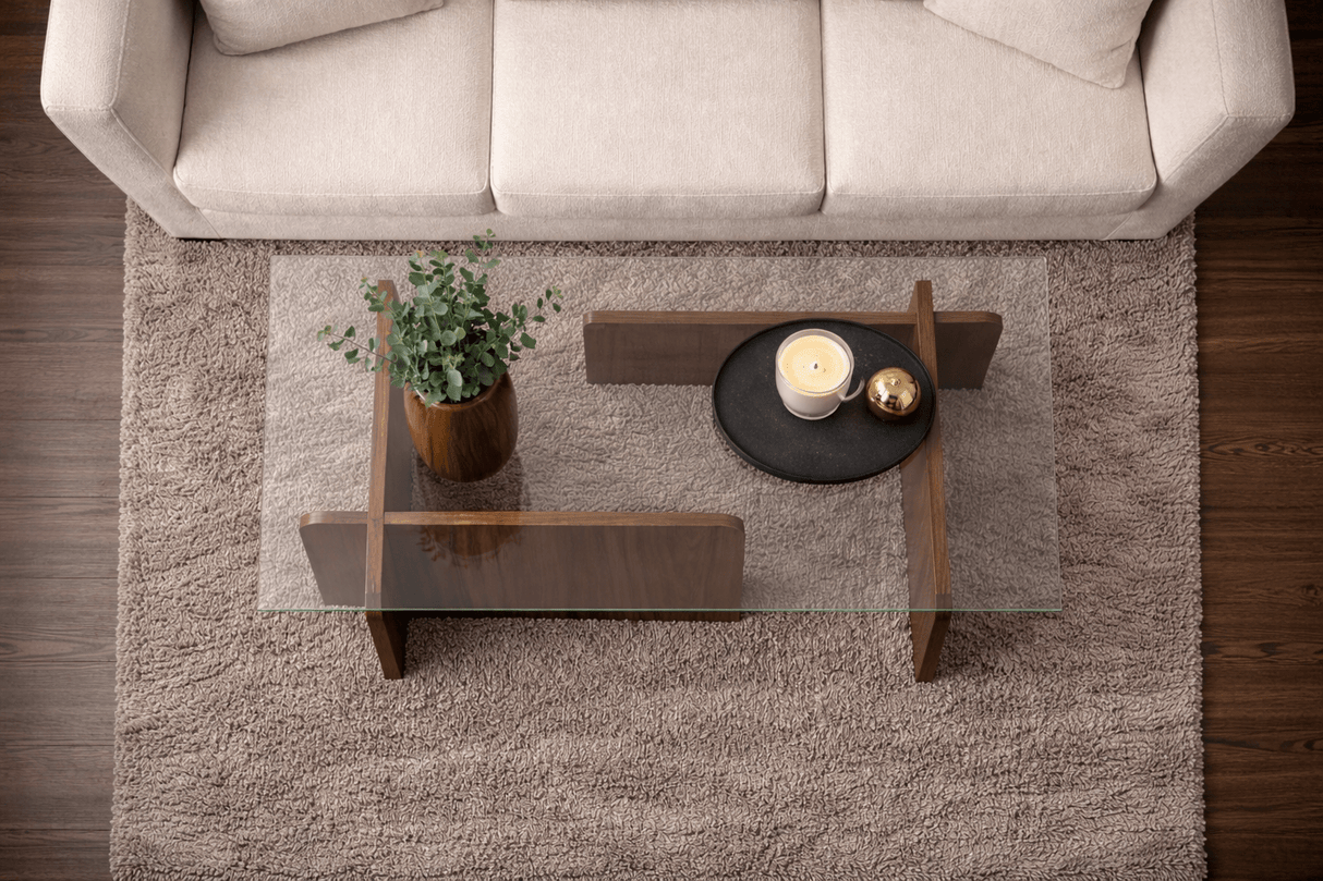 Coffee table Natural Walnut Glass Opal 105x65x30 cm 