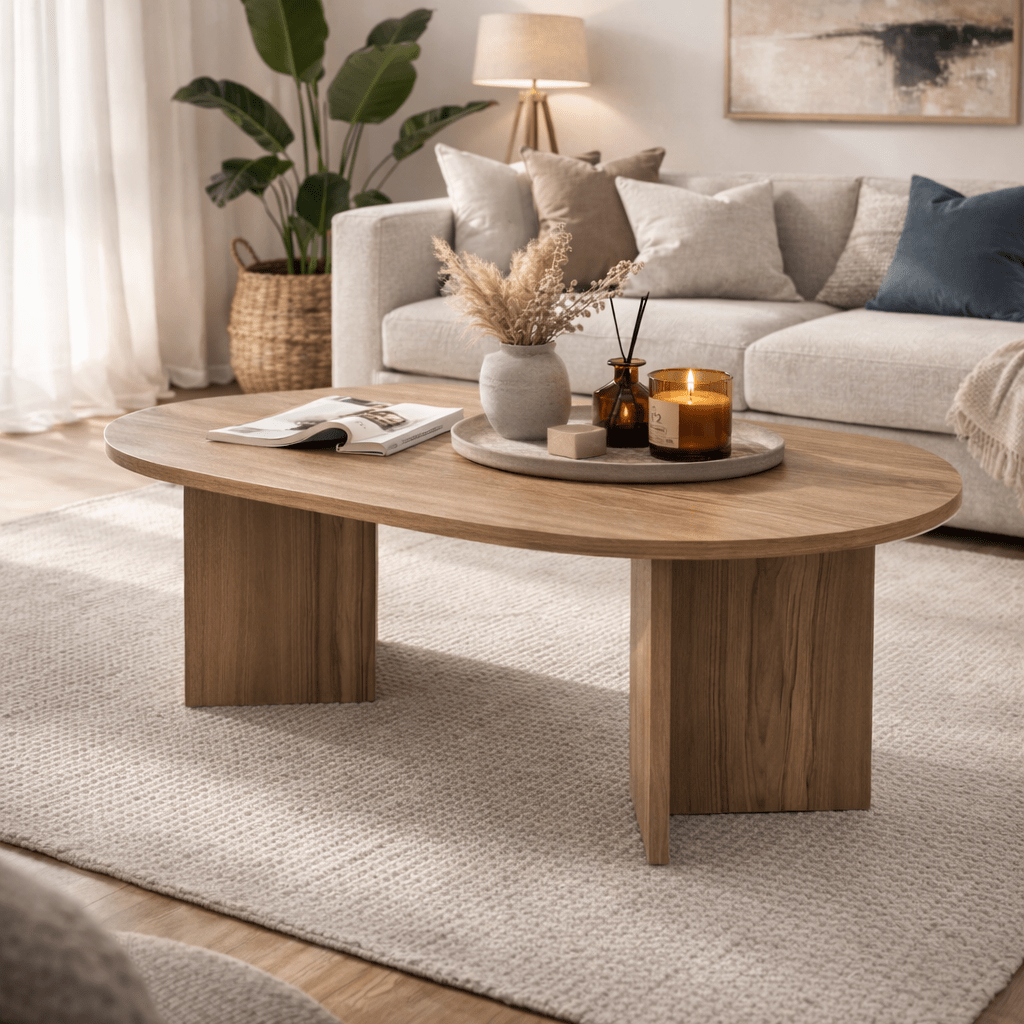 Coffee table oak melamine arc shape Koda 119x60 cm