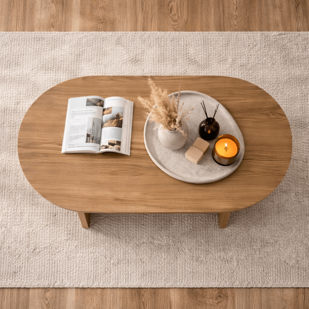 Coffee table oak melamine arc shape Koda 119x60 cm