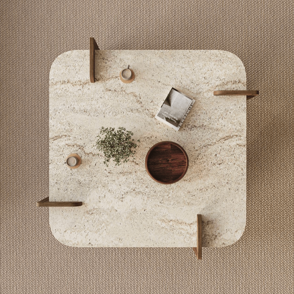 Salontafels - Japandi salontafel travertin met walnoot - melamine - 90 x 90 cm - Alfro - Dimehouse