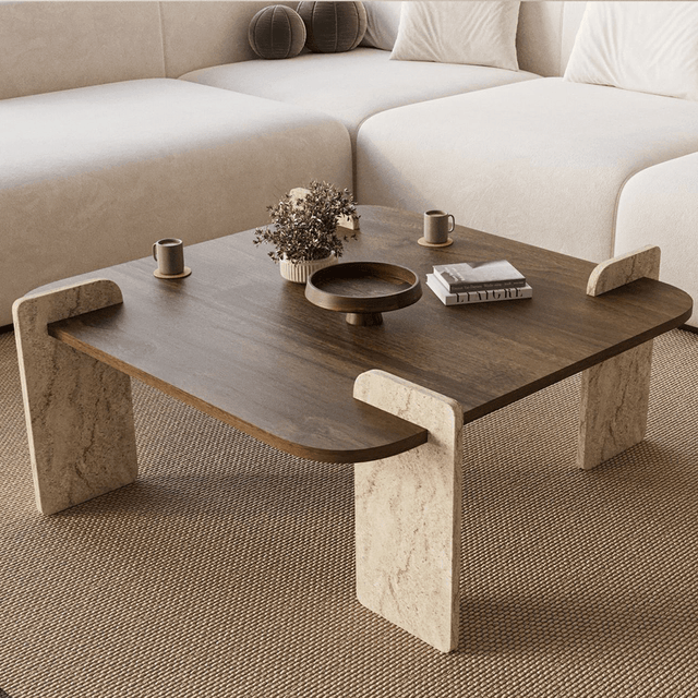 Salontafels - Japandi salontafel walnoot met travertin - melamine - 90 x 90 cm - Alfro - Dimehouse