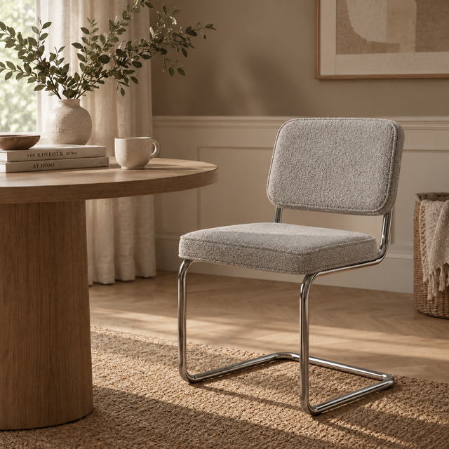 Eetkamerstoelen-Moderne Eetkamerstoel Zandkleur Bouclé Stof Sway - Chrome Frame - Zonder Armleuningen-Dimehouse