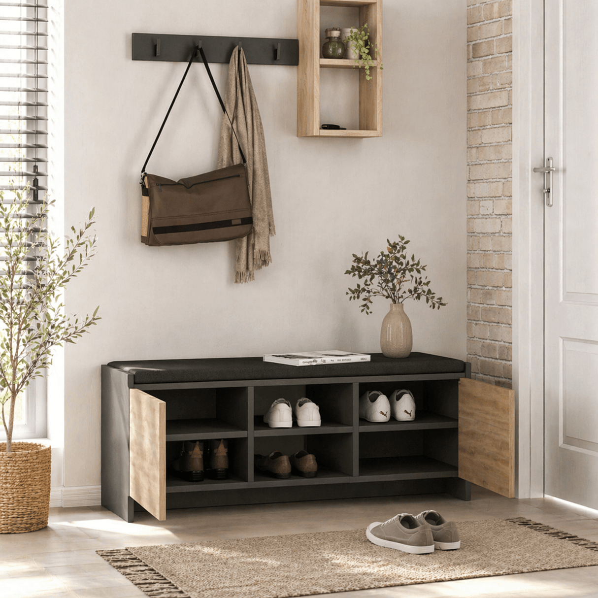 Shoe cabinet Oak with anthracite Melamine - six compartments - 110x43x37 cm - Zulla